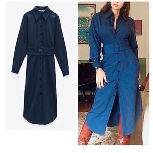 Zara Woman's Belted Shirt Blue Dress Ref: 7927/457/401 Size M